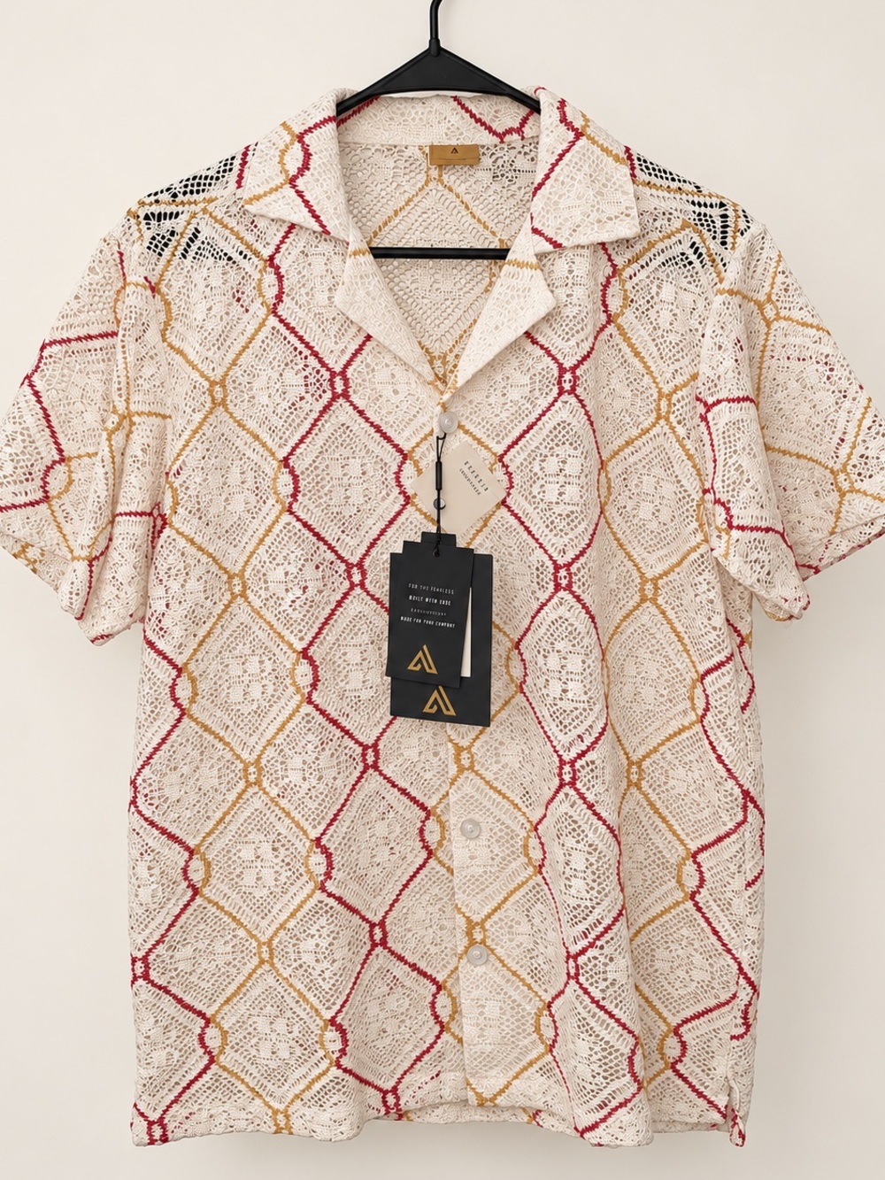 NWT Above Man Crochet Short Sleeve Button Up Shirt Cream Red Gold S